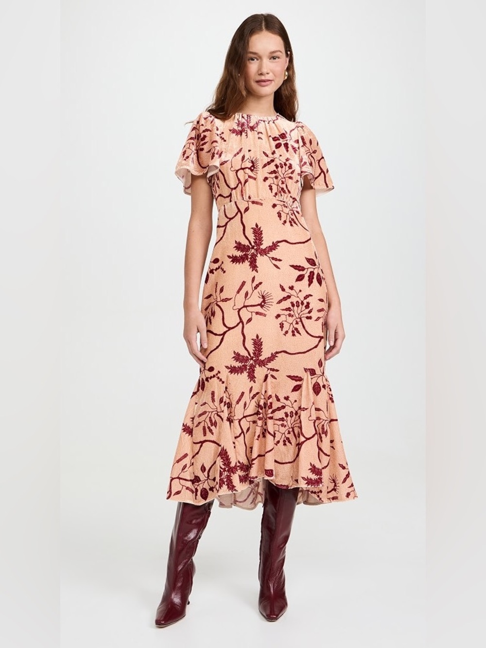 Peach Red Size 2 Velvet Flutter Midi Dress Fall